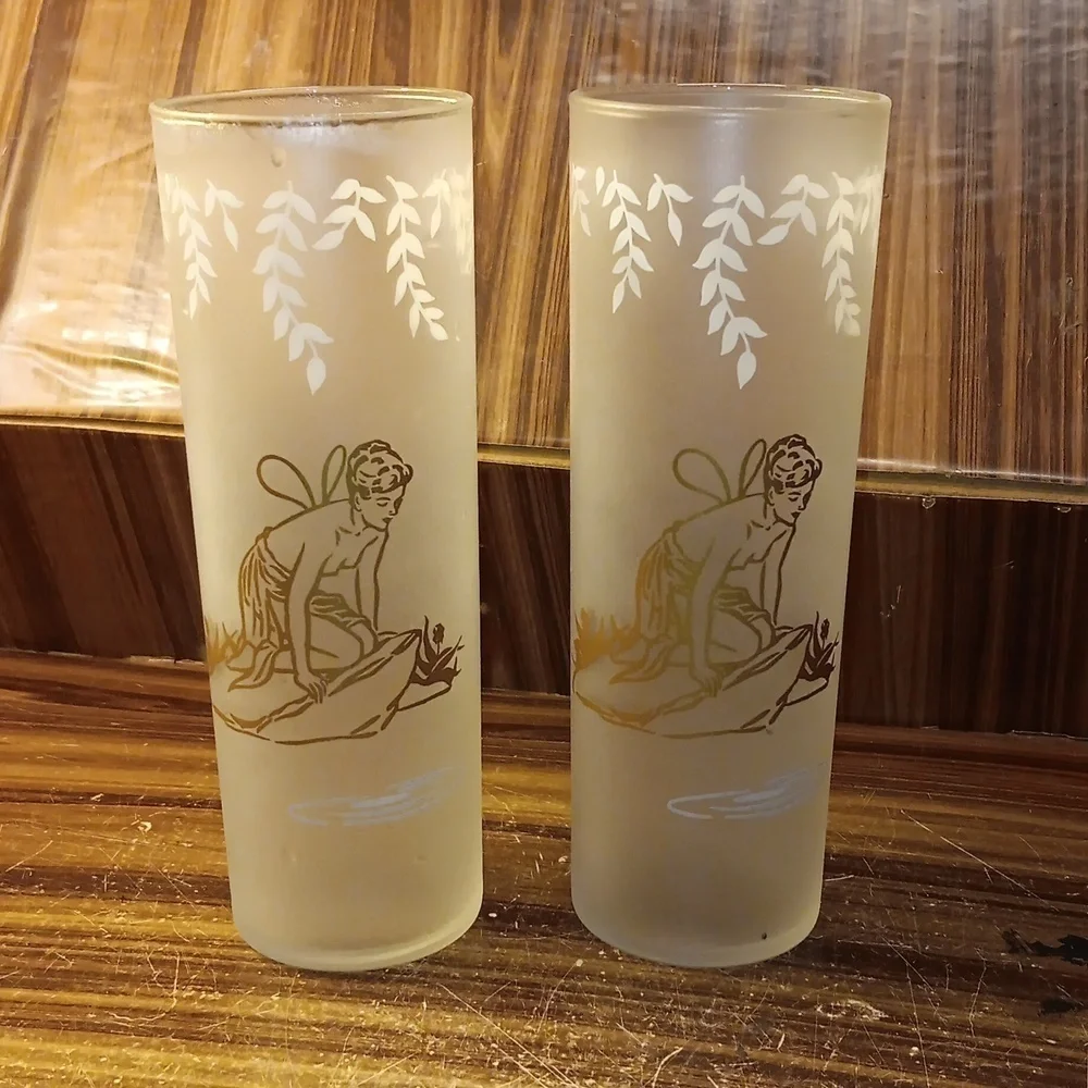 Vintage Libbey White Rocks tall frost nymph fairy highball barware glasses